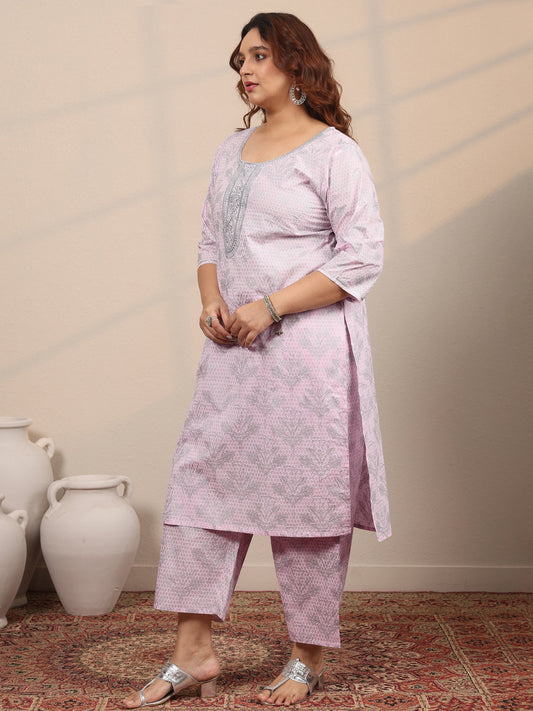 Plus Size Pink Printed Cotton Straight Suit Set With Dupatta
