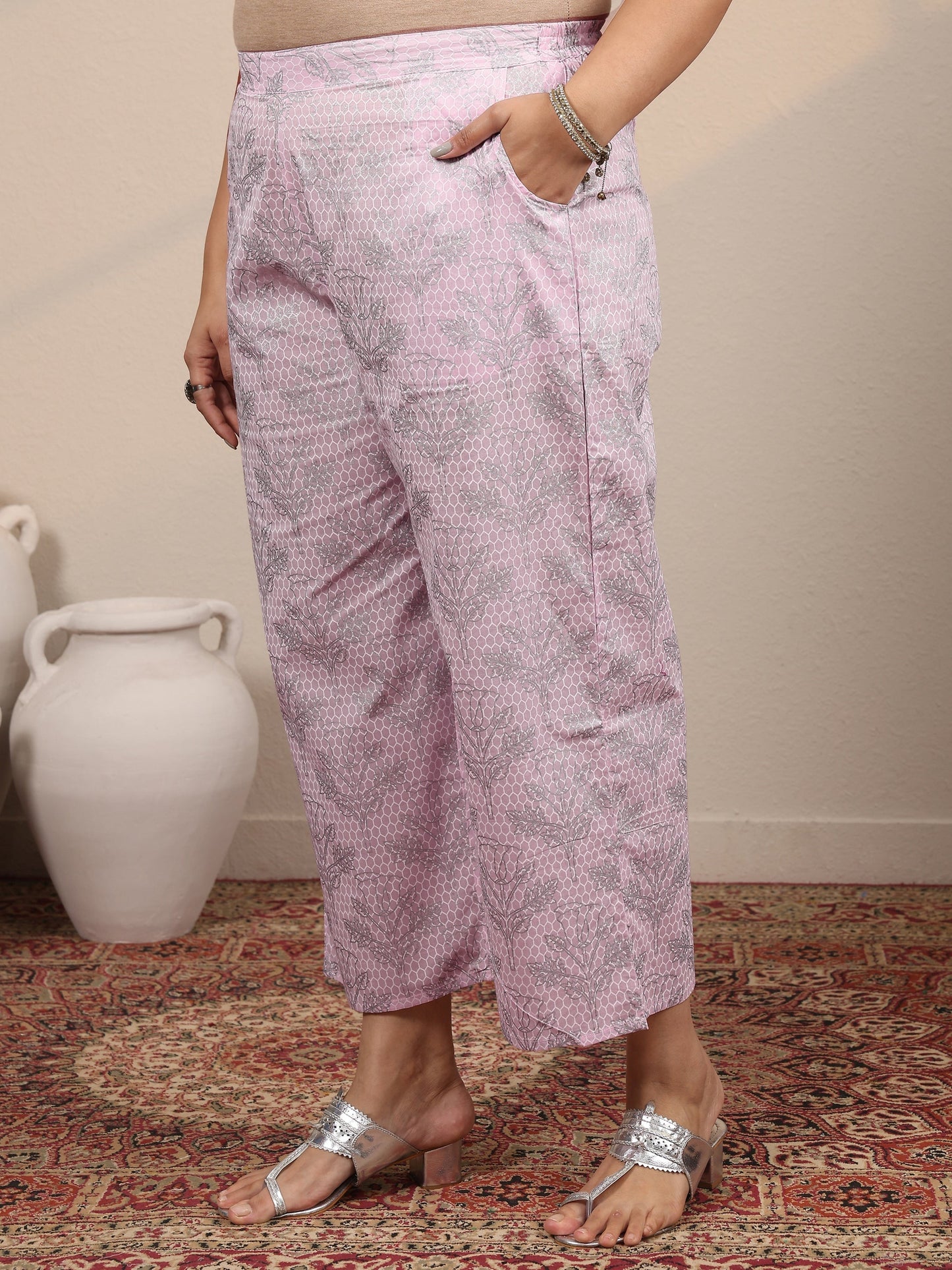 Plus Size Pink Printed Cotton Straight Suit Set With Dupatta