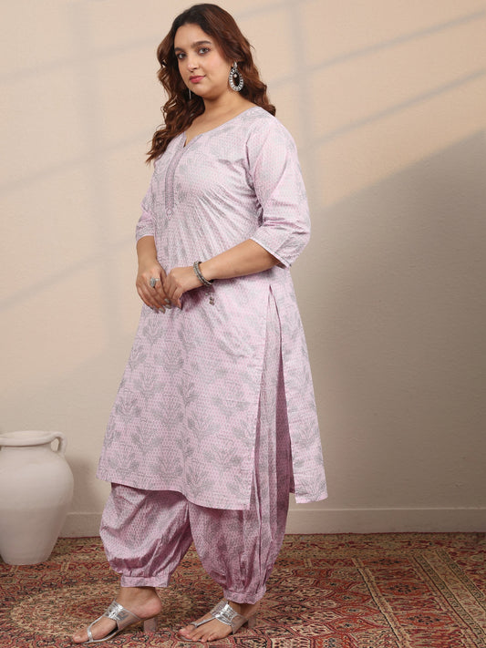 Plus Size Pink Printed Cotton Straight Suit Set With Dupatta