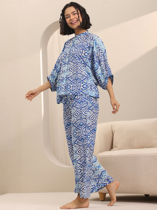 Blue Printed Cotton Night Suits