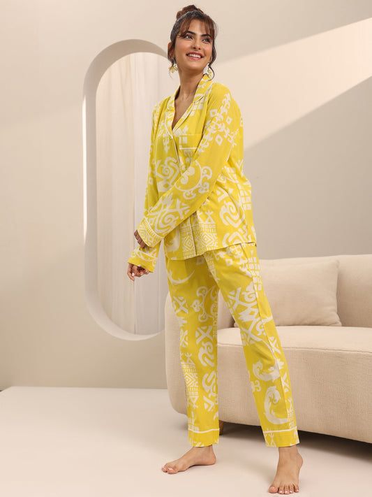 Yellow Printed Cotton Night Suits