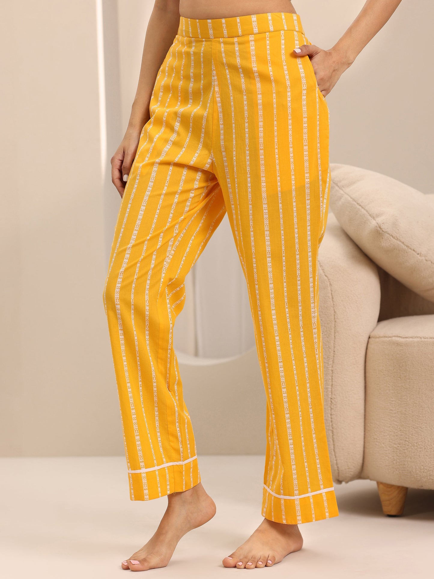Yellow Printed Cotton Night Suits