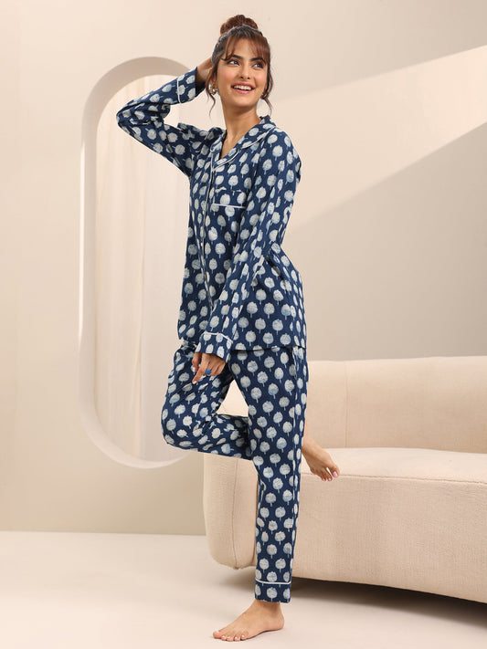 Blue Printed Cotton Night Suits