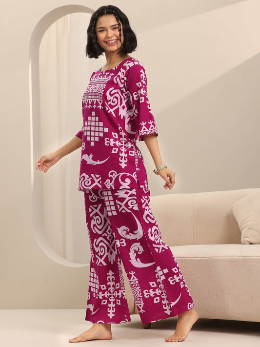 Pink Printed Cotton Night Suits