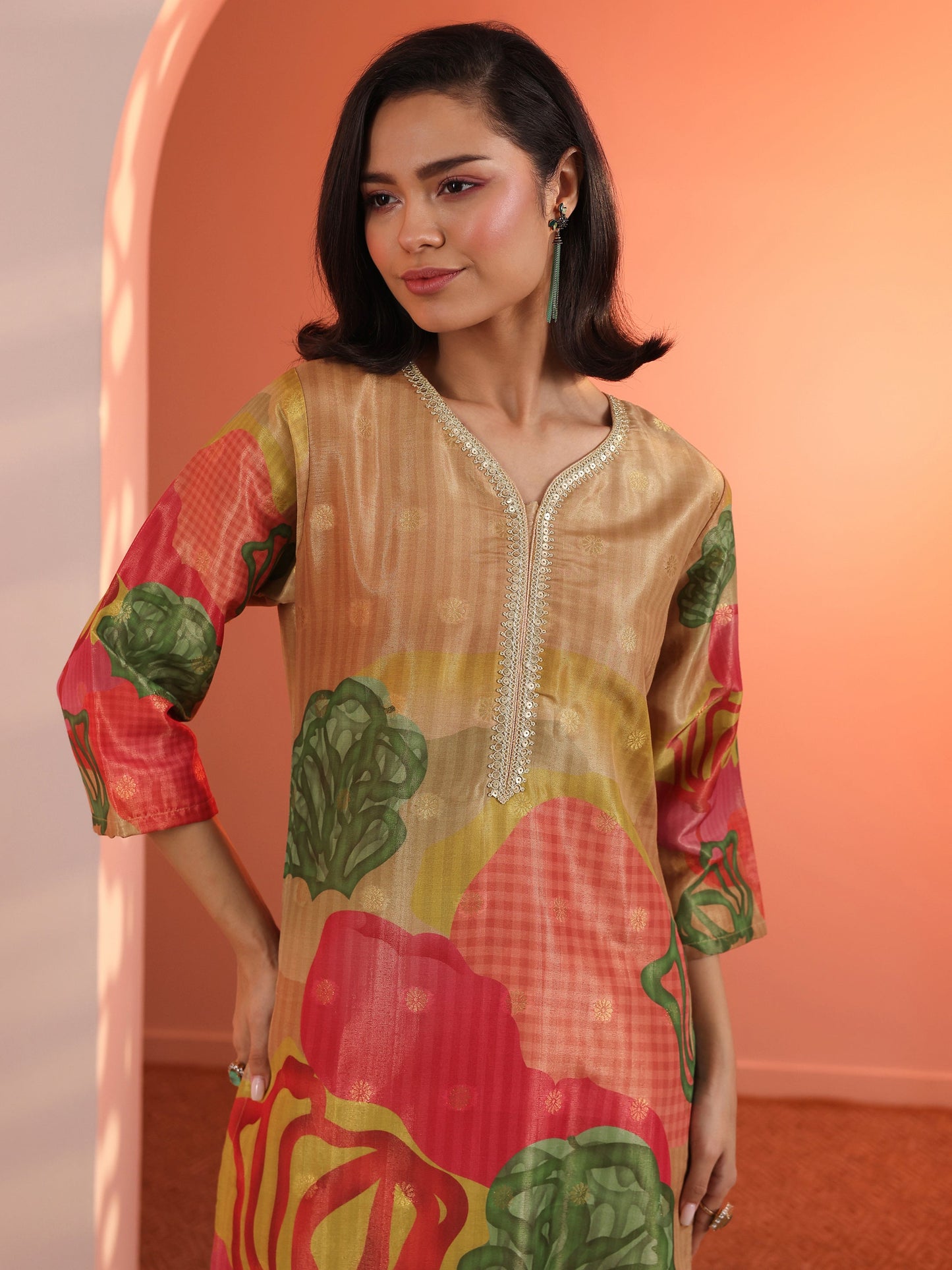 Multi Embellished Silk Blend Straight Suit Set With Dupatta