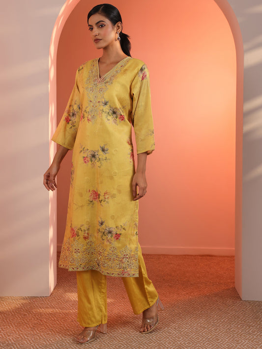 Yellow Printed Silk Blend Straight Suit Set With Dupatta