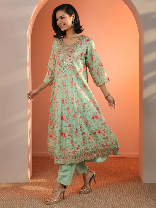 Green Embellished Silk Blend A-Line Suit Set With Dupatta