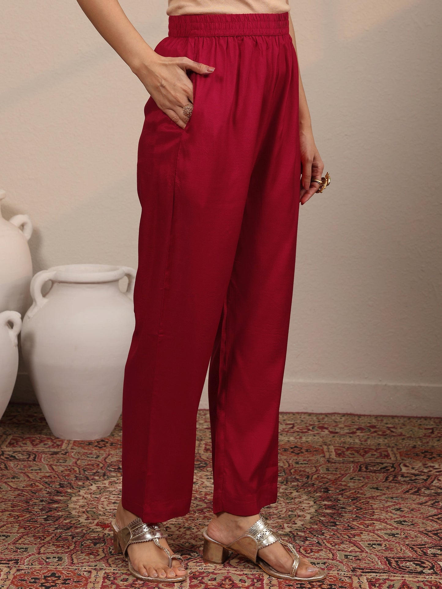 Libas Art Red Yoke Design Silk Blend Anarkali Suit Set With Dupatta