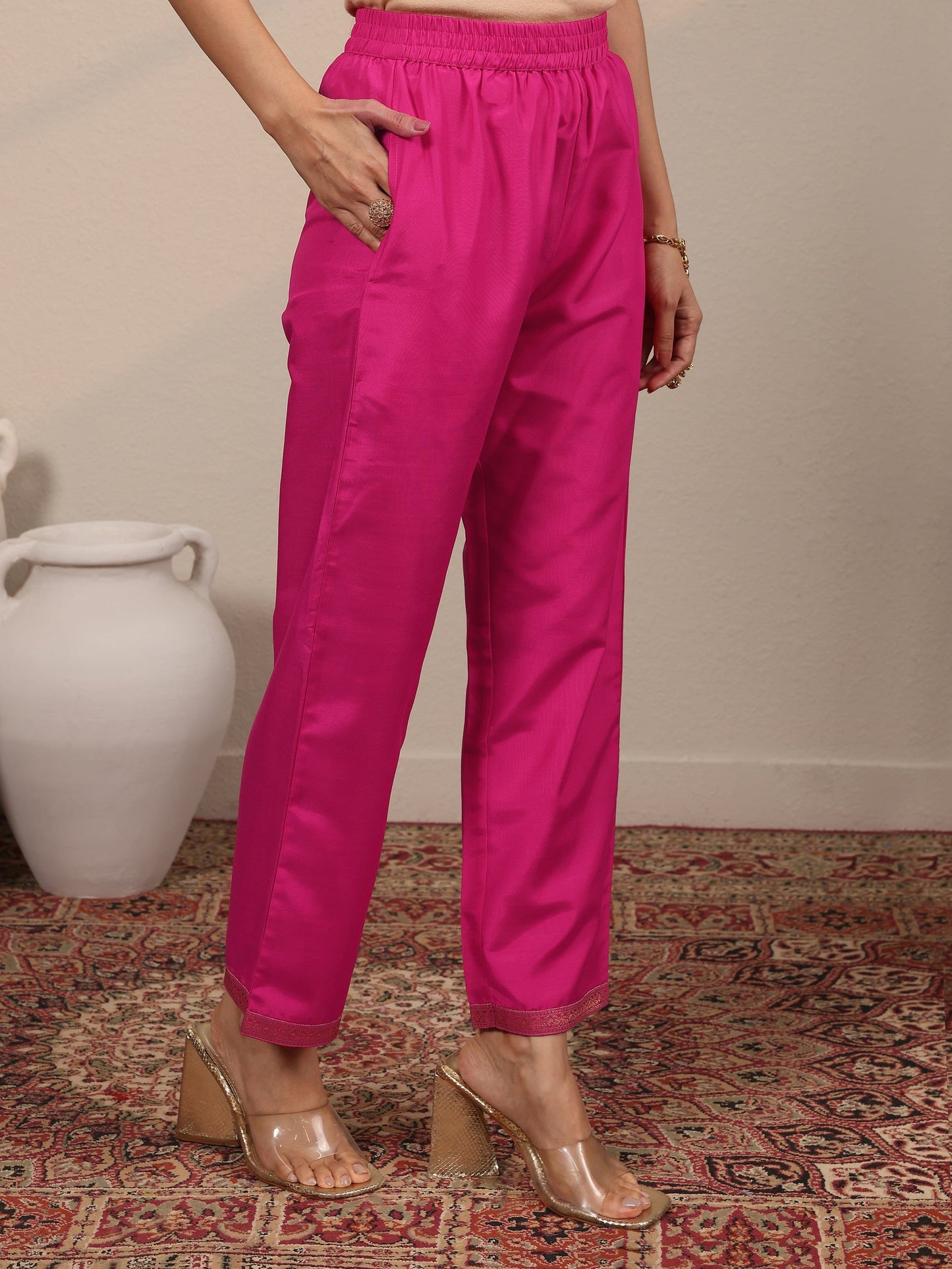 Libas Art Pink Woven Design Silk Blend Straight Suit Set With Dupatta