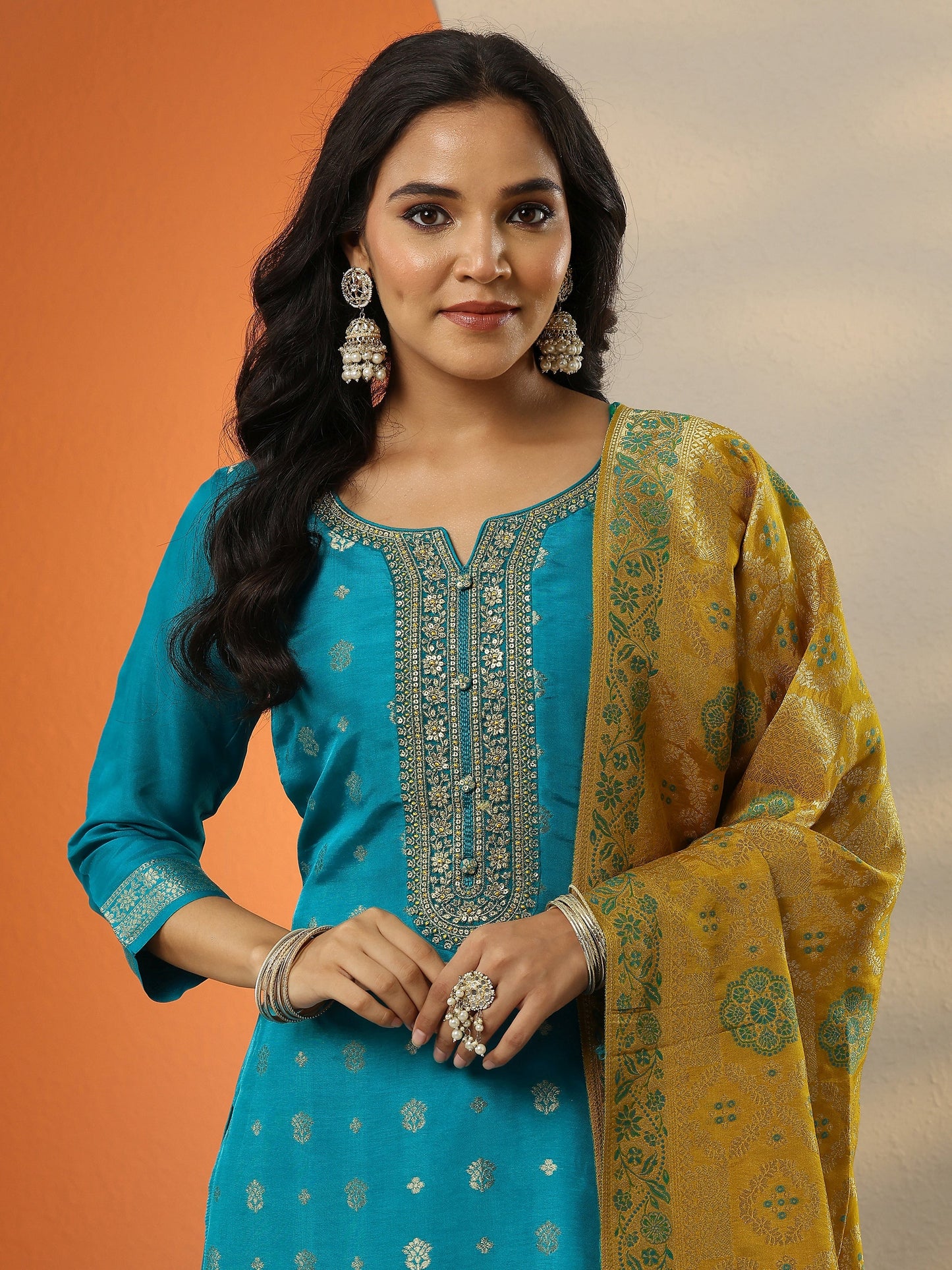 Libas Art Blue Woven Design Silk Blend Straight Suit Set With Dupatta