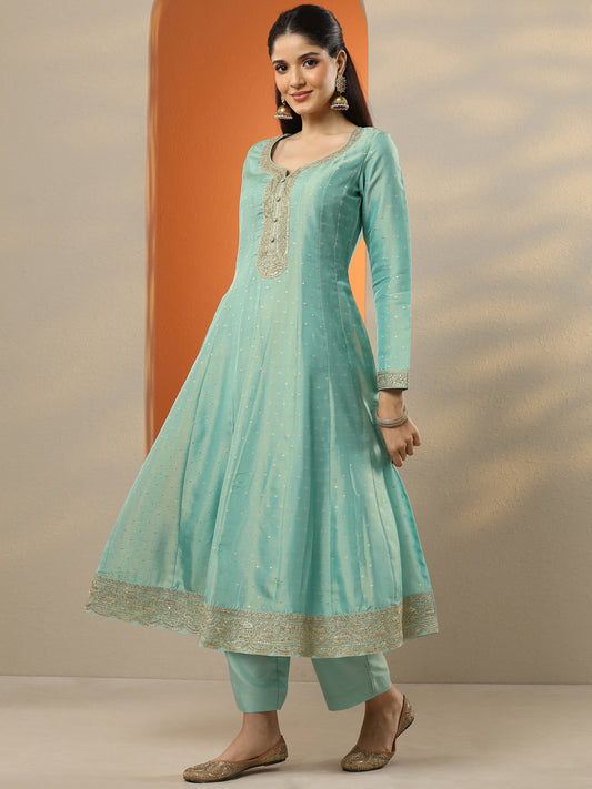Libas Art Blue Embroidered Silk Blend Anarkali Suit Set With Dupatta
