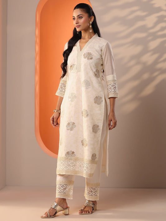 Libas Art Off White Embroidered Silk Blend Straight Suit Set With Dupatta