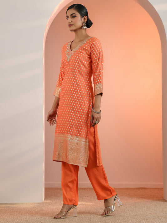 Orange Woven Design Muslin Straight Suit Set With Dupatta