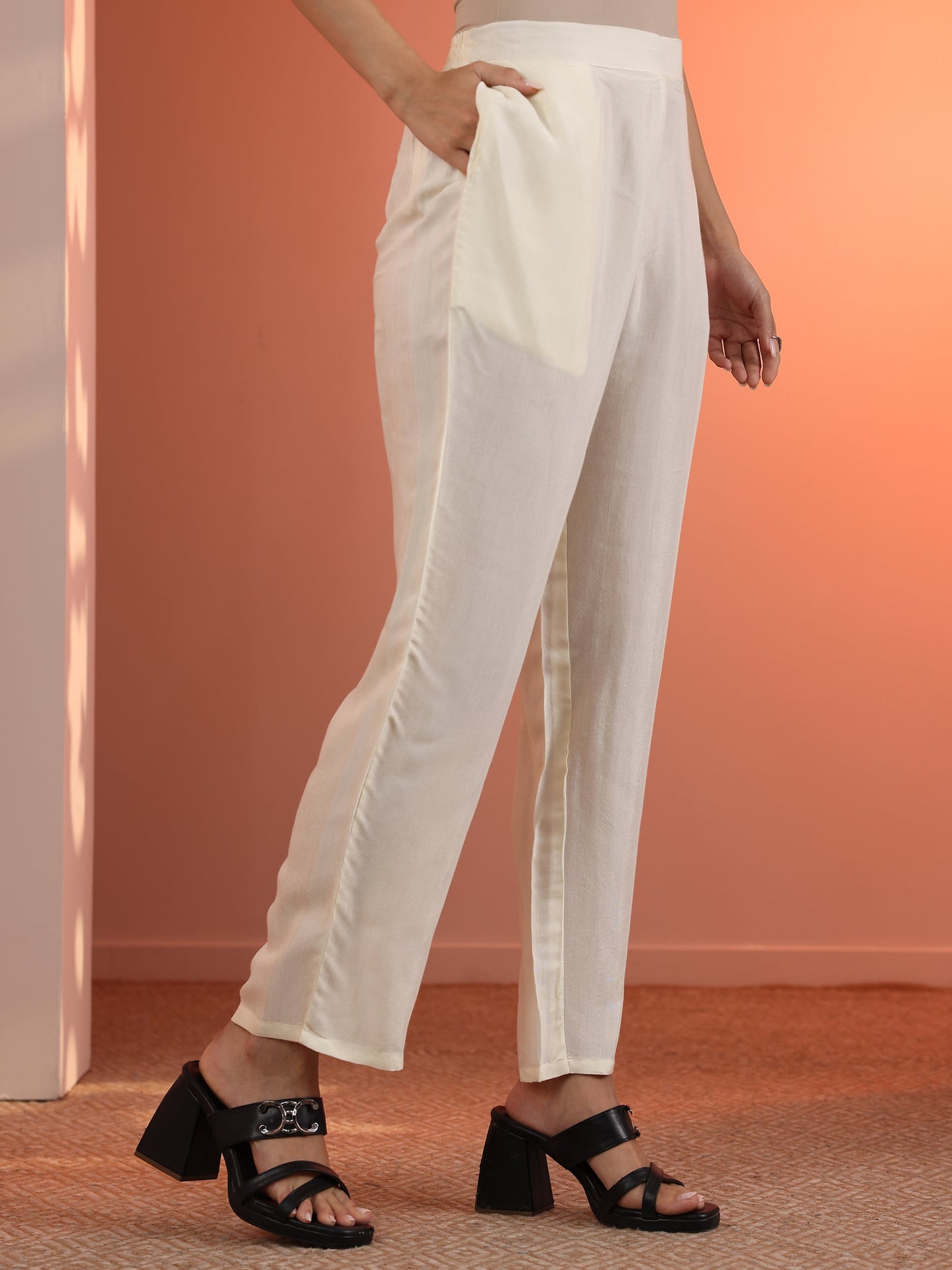 Off White Woven Design Muslin Straight Suit Set With Dupatta