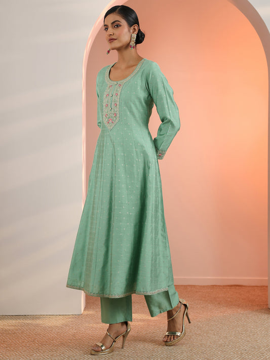 Sea Green Embroidered Silk Blend A-Line Suit Set With Dupatta