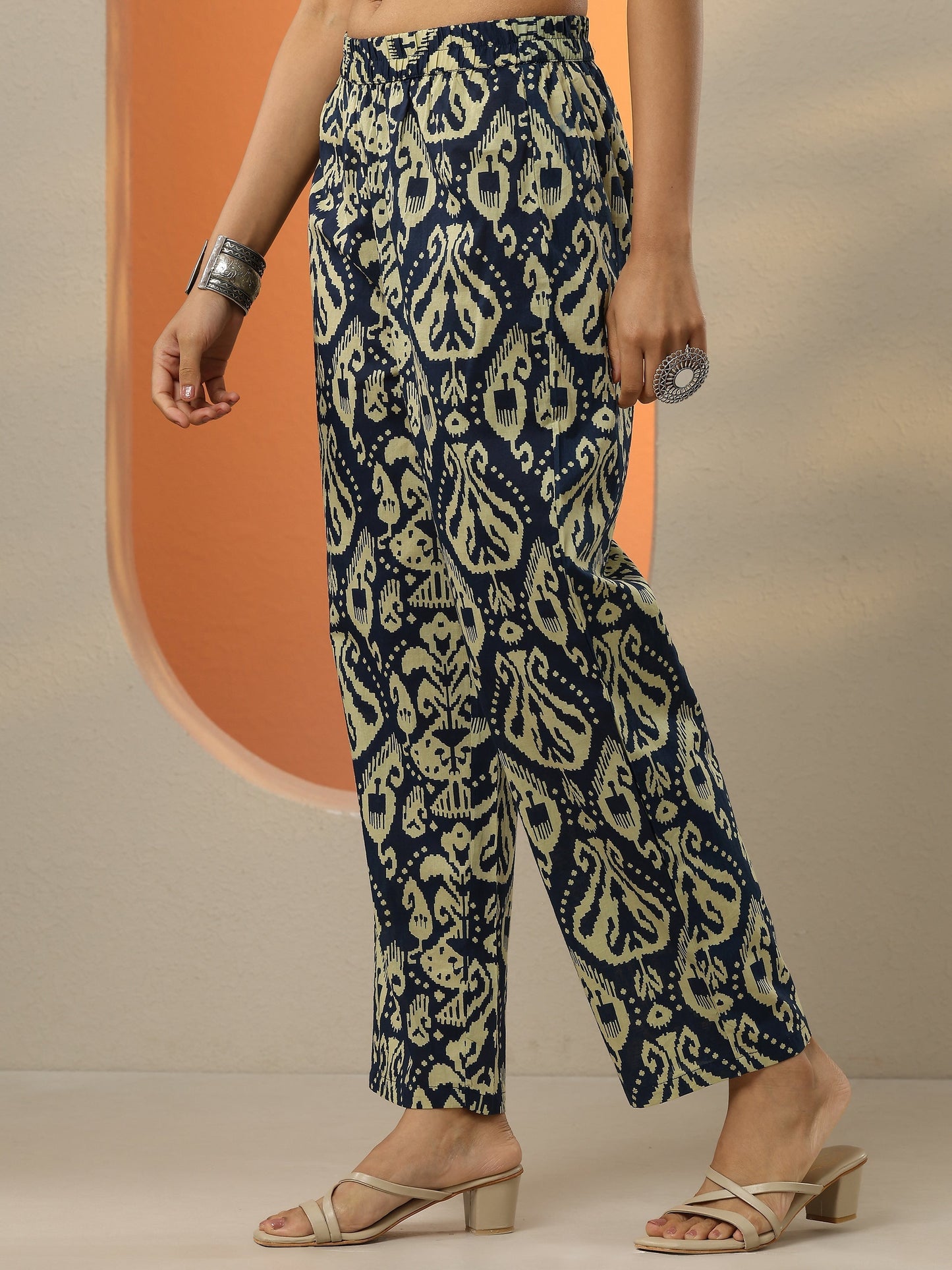 Navy Blue Printed Cotton Blend A-Line Kurta Set