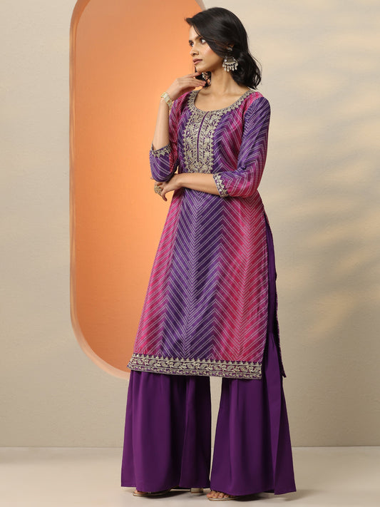Purple Printed Chinon Straight Suit Set With Dupatta