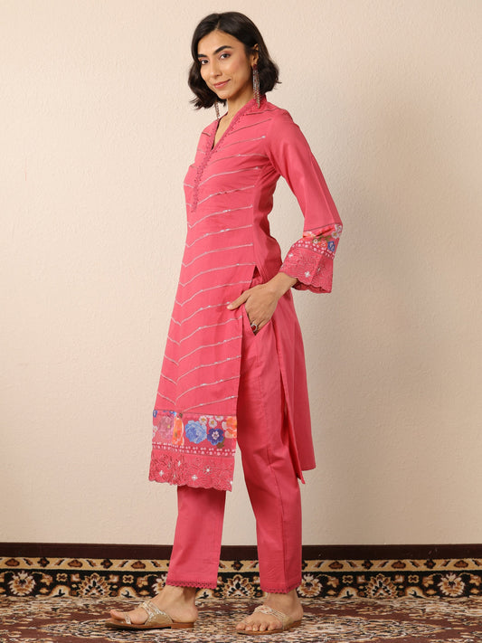Pink Embroidered Cotton Straight Suit Set With Dupatta