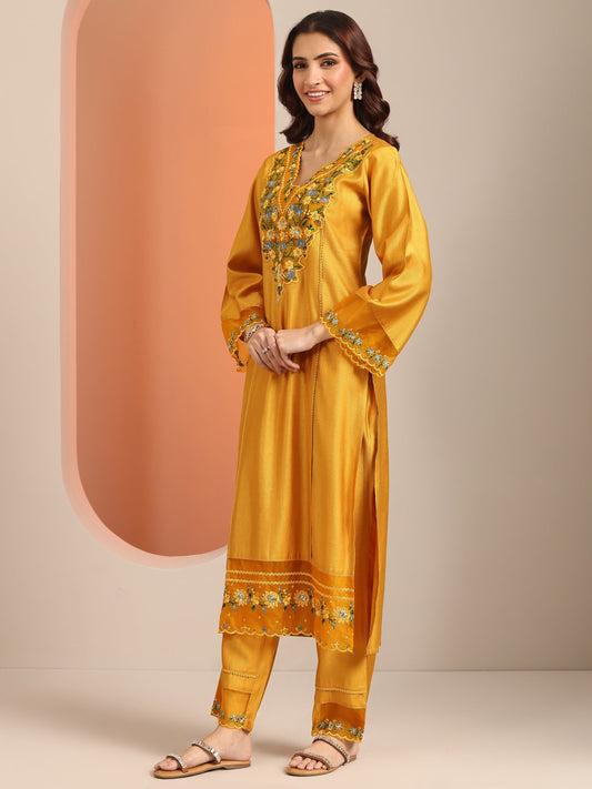 Mustard Embroidered Silk Blend Straight Suit Set With Dupatta