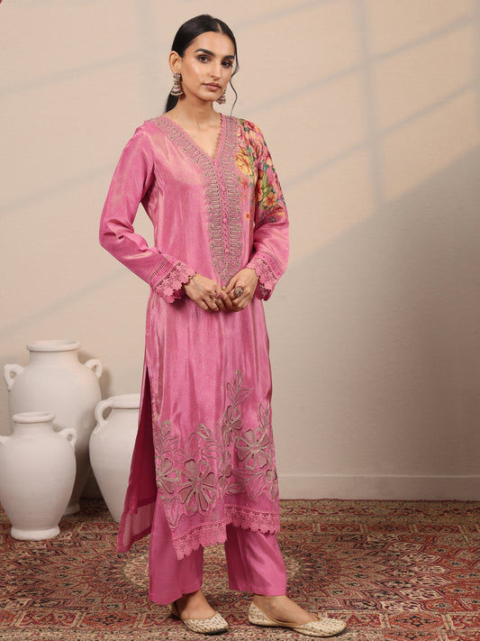 Libas Art Pink Embroidered Crepe Straight Suit Set With Dupatta