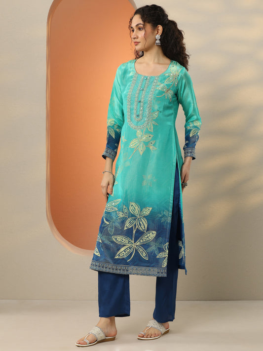 Libas Art Blue Embroidered Crepe Straight Suit Set With Dupatta