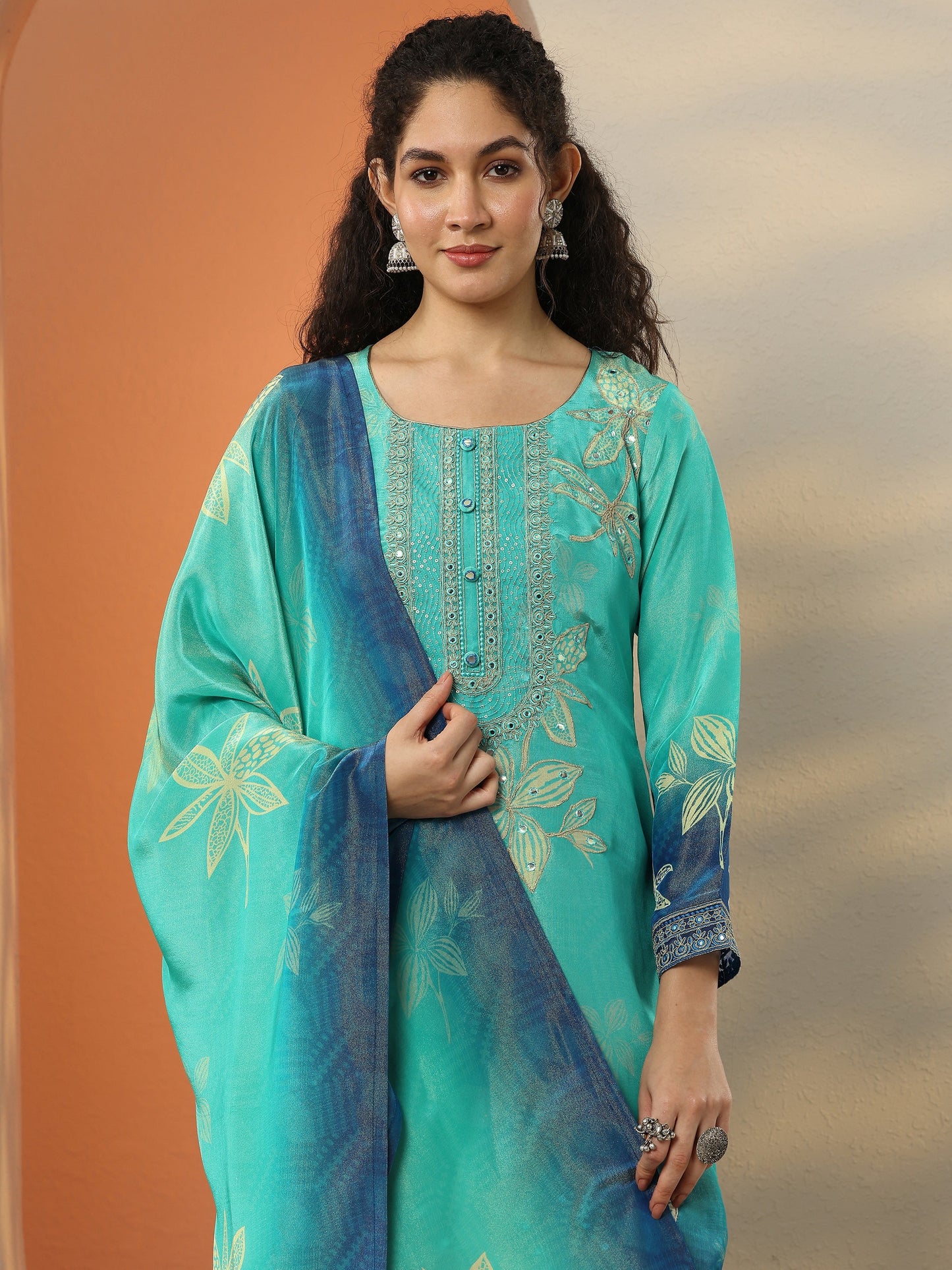 Libas Art Blue Embroidered Crepe Straight Suit Set With Dupatta