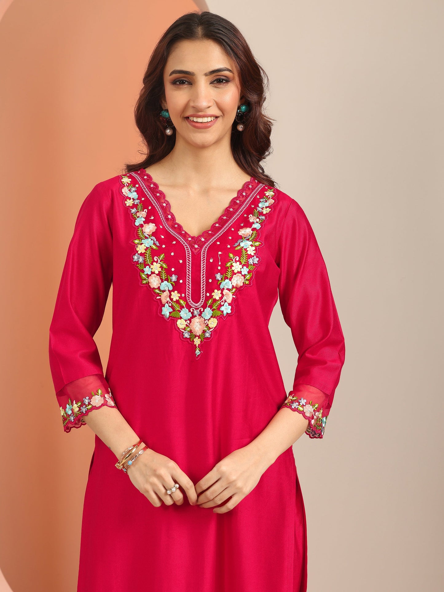 Red Embroidered Silk Blend Straight Suit Set With Dupatta