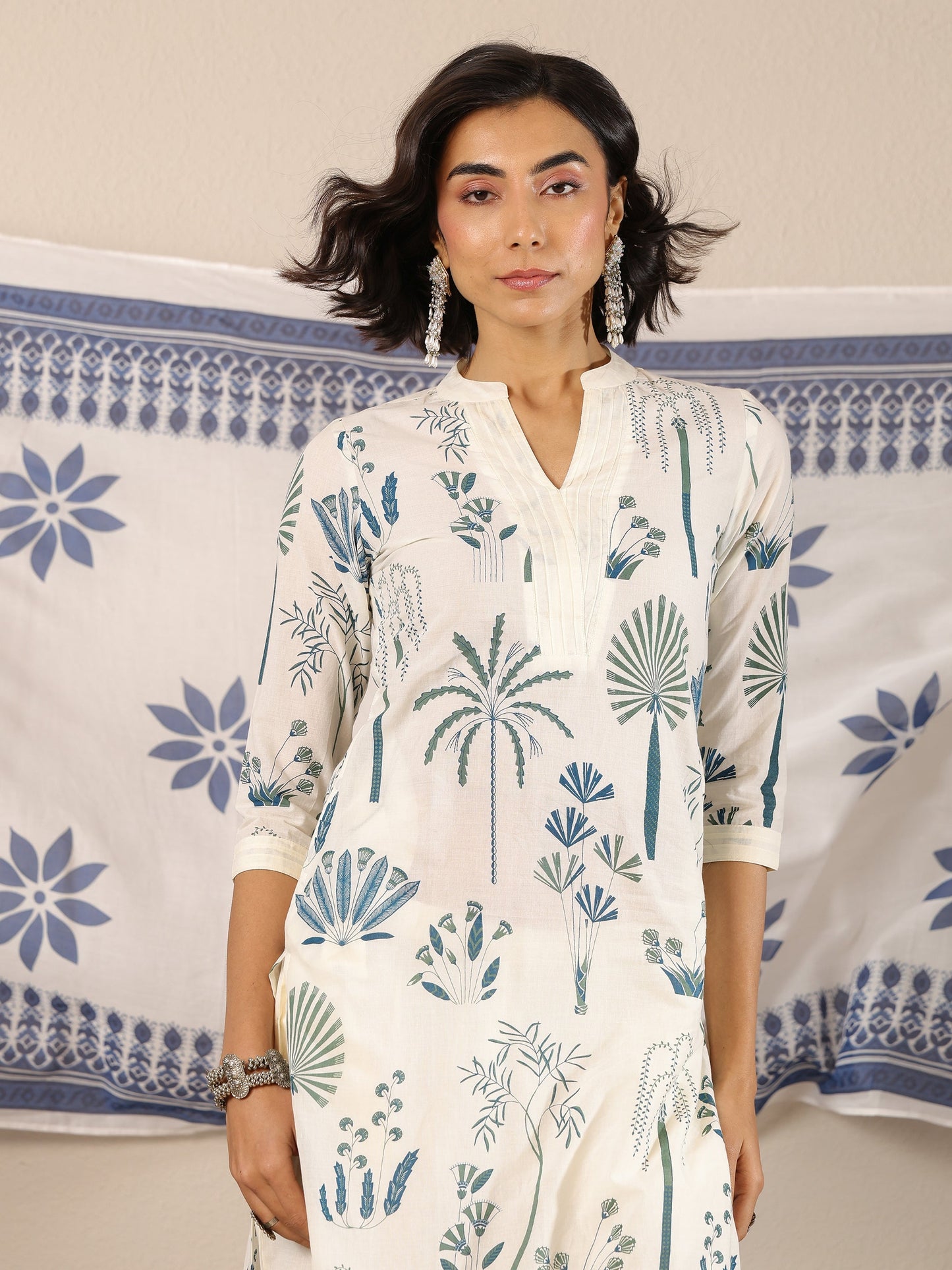 Off White Printed Cotton Straight Kurta Set