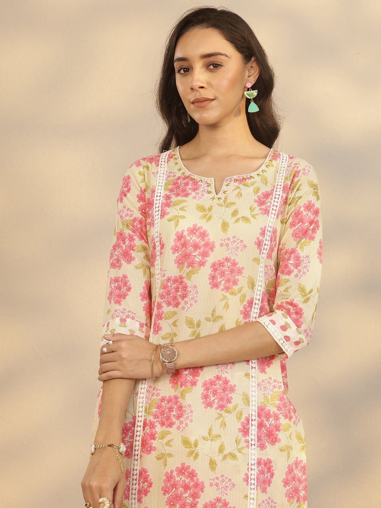 Cream Printed Cotton Straight Suit Set With Dupatta