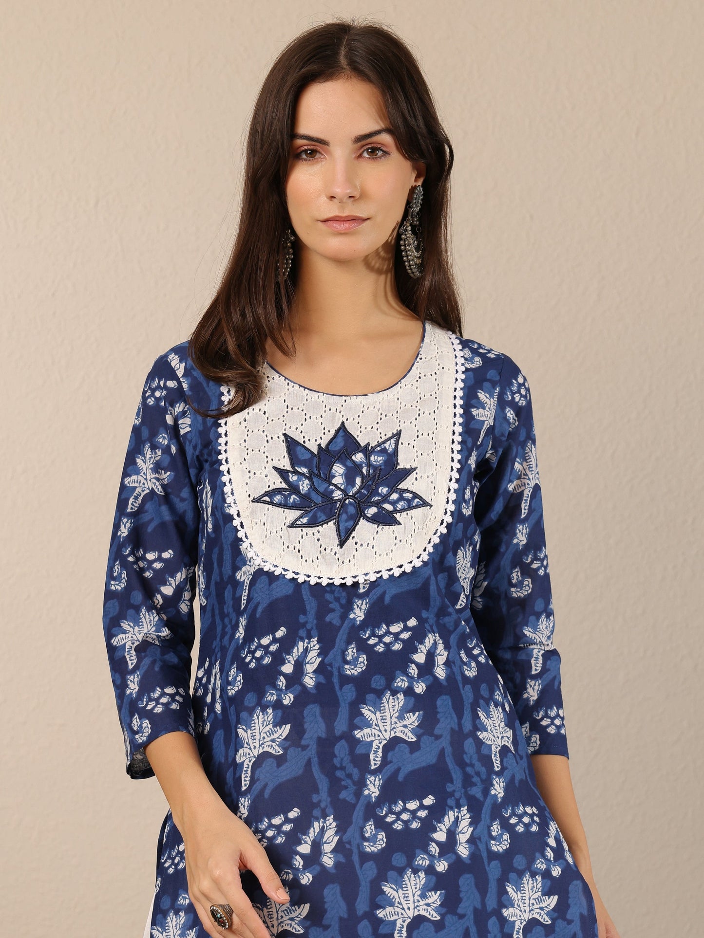 Blue Printed Cotton Straight Suit Set With Dupatta