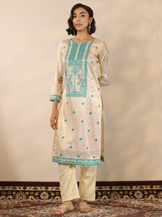 Off White Woven Design Silk Blend Straight Suit Set With Dupatta