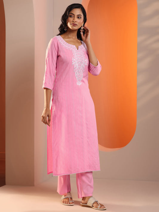 Pink Embroidered Cotton Straight Suit Set With Dupatta