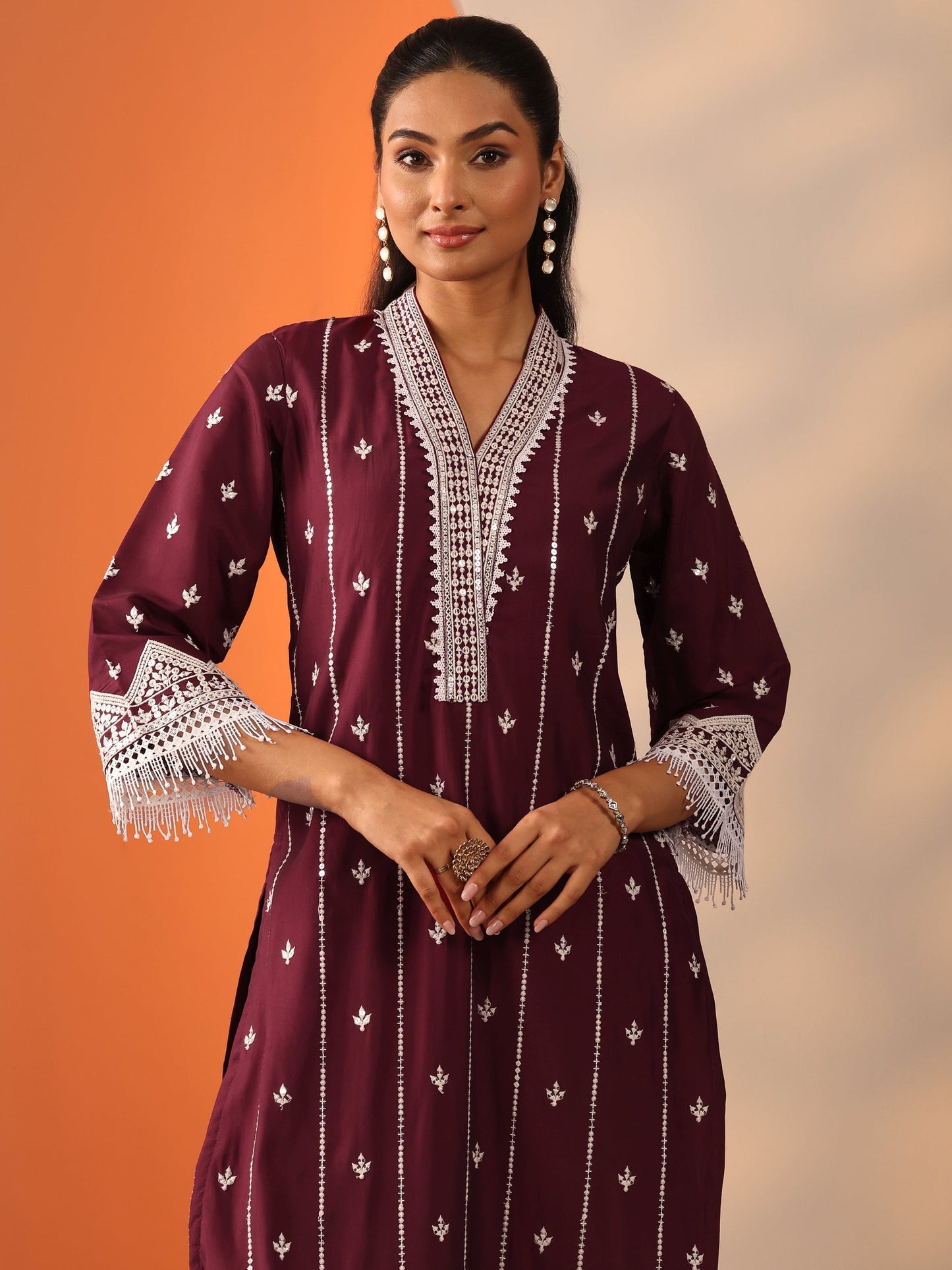 Maroon Embroidered Silk Blend Straight Suit Set With Dupatta