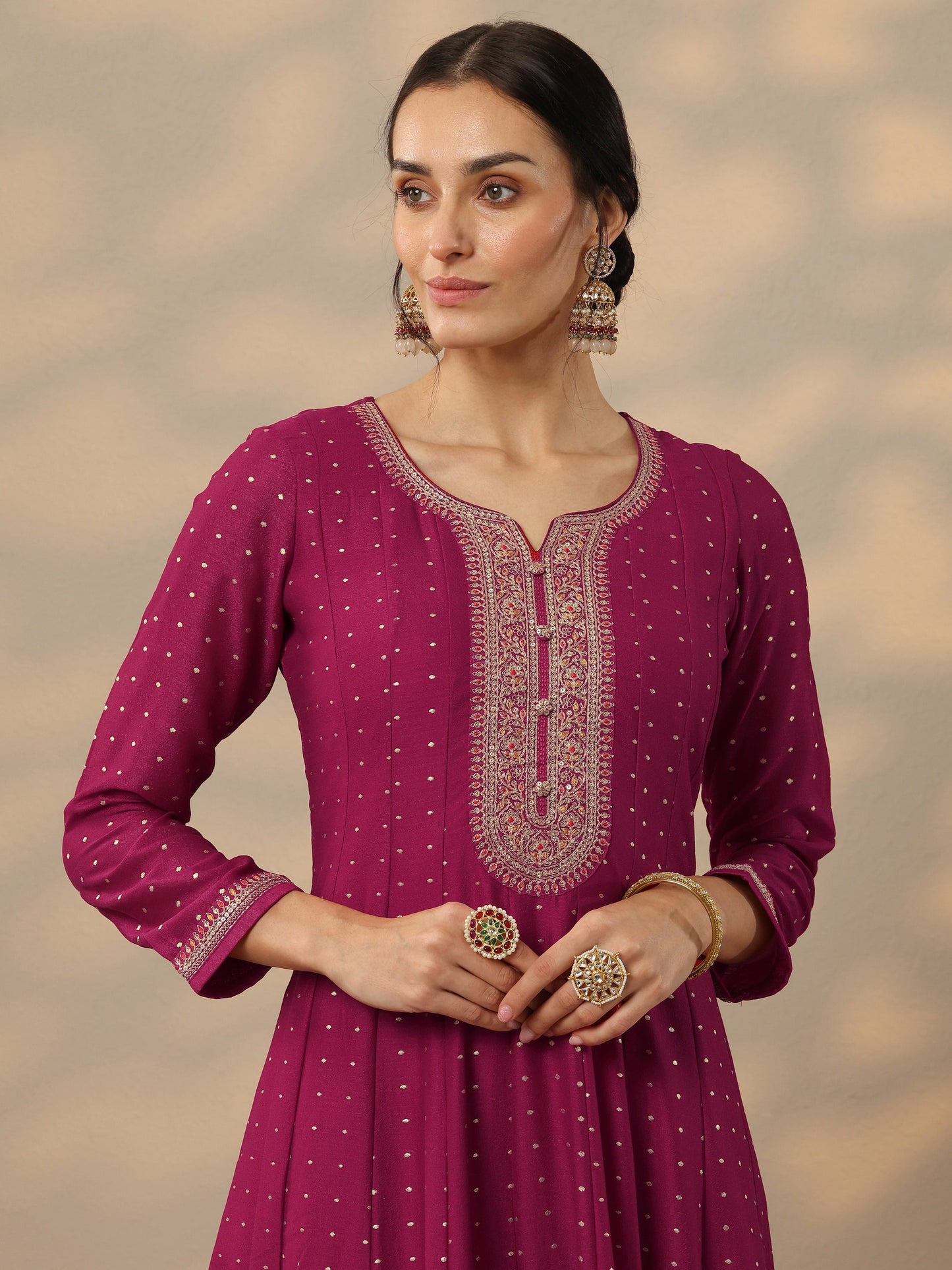 Magenta Embellished Silk Blend A-Line Gown With Dupatta