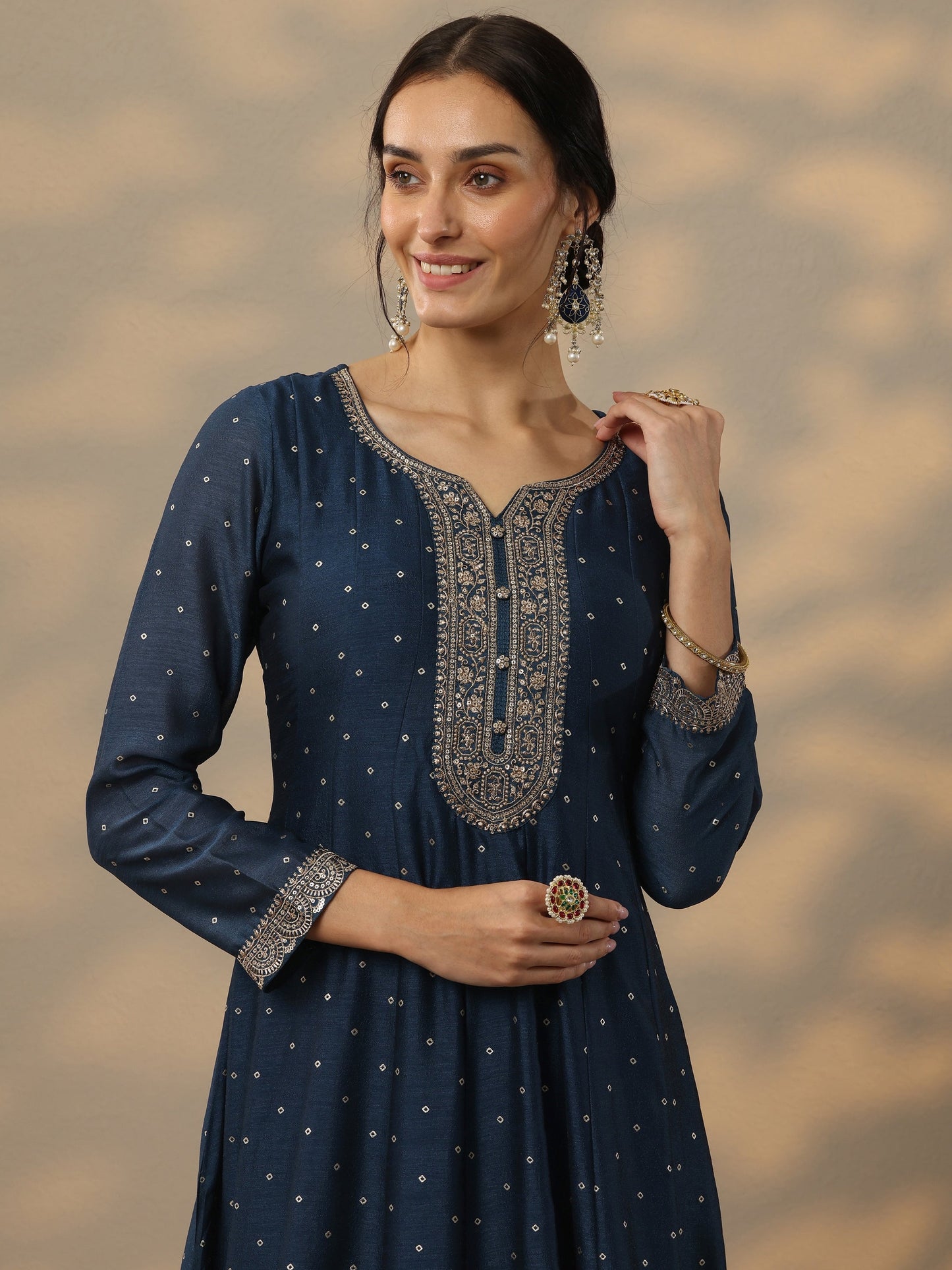 Navy Blue Embellished Silk Blend A-Line Gown With Dupatta