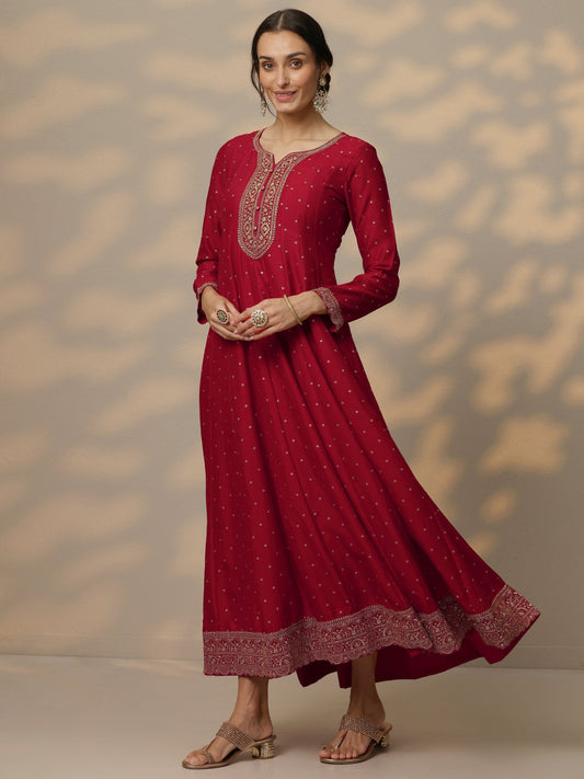 Red Embellished Silk Blend A-Line Gown With Dupatta