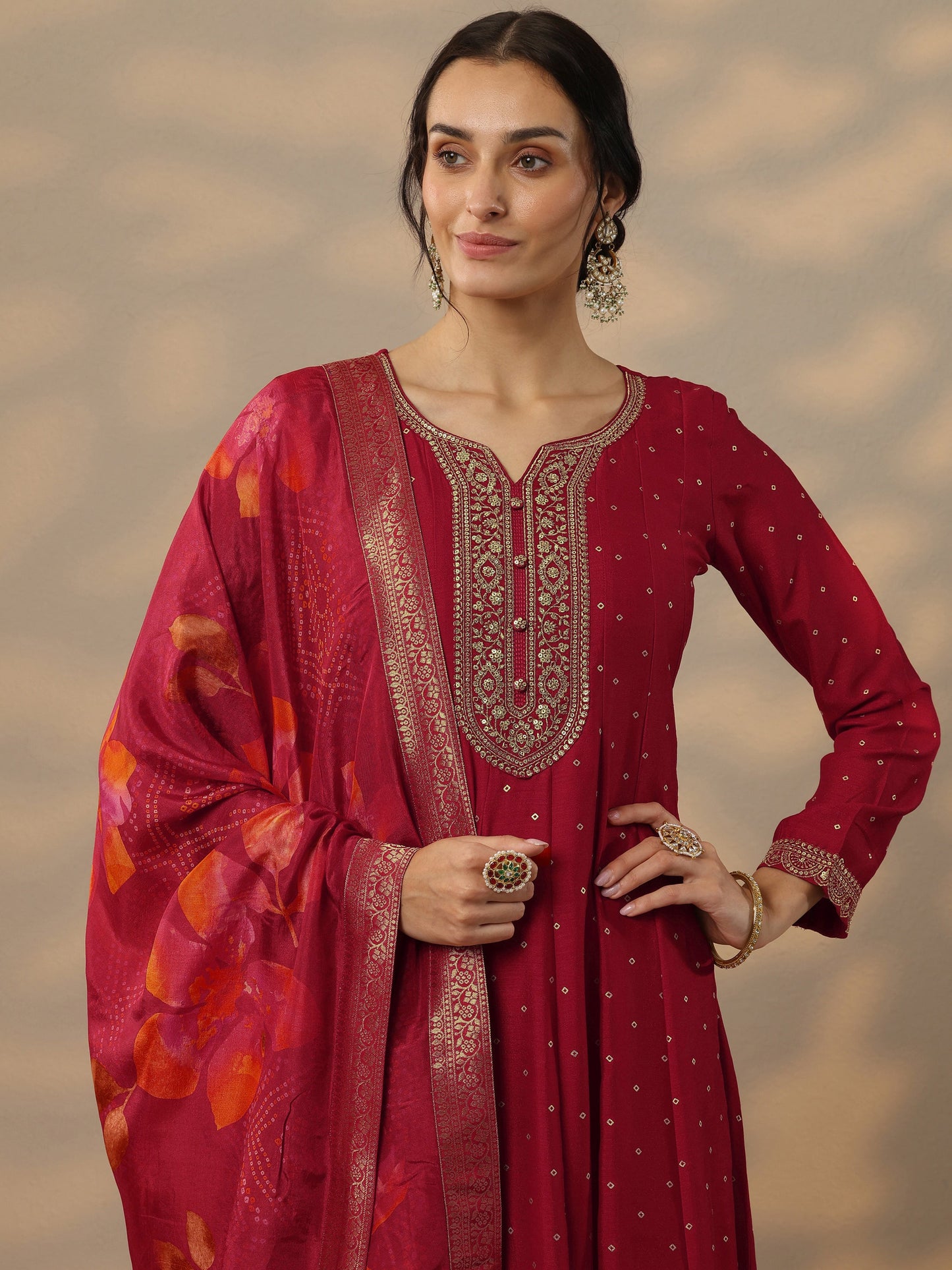 Red Embellished Silk Blend A-Line Gown With Dupatta