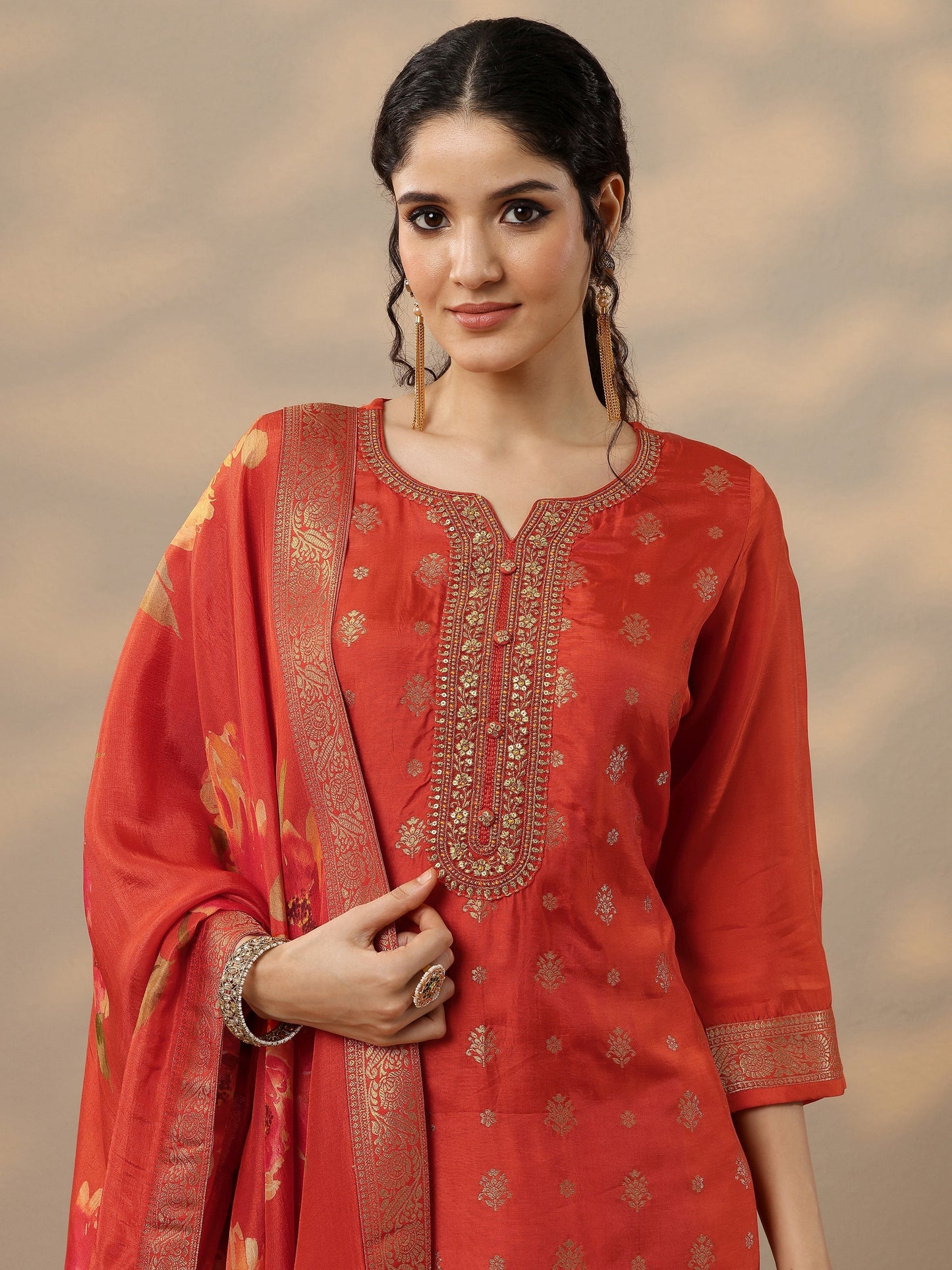 Rust Woven Design Silk Blend Straight Suit Set With Dupatta