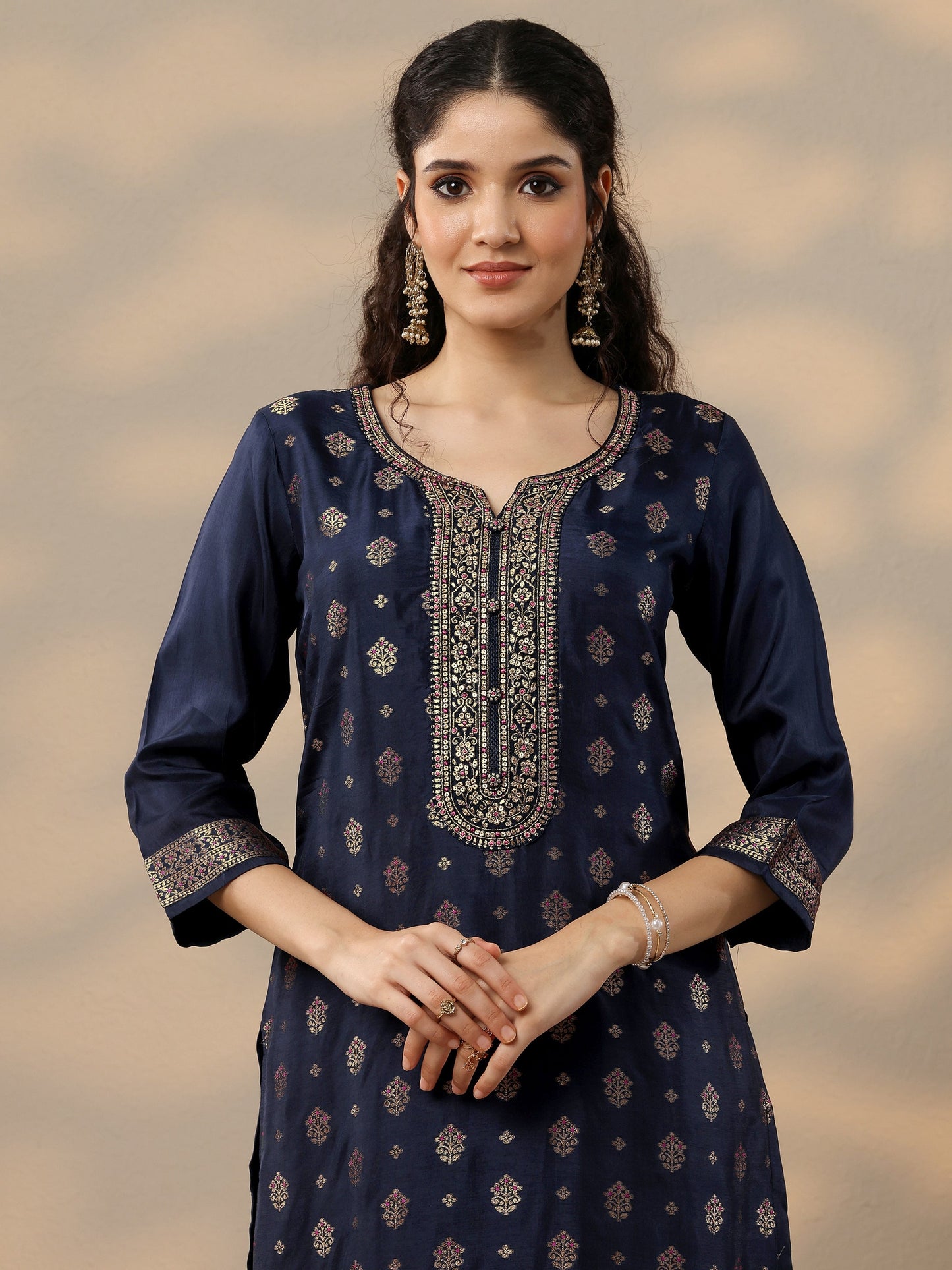 Navy Blue Woven Design Silk Blend Straight Suit Set With Dupatta