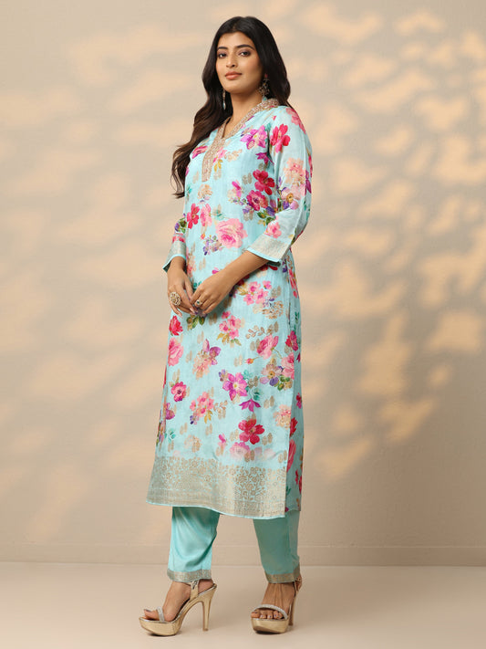 Blue Floral Silk Blend Straight Suit Set With Dupatta