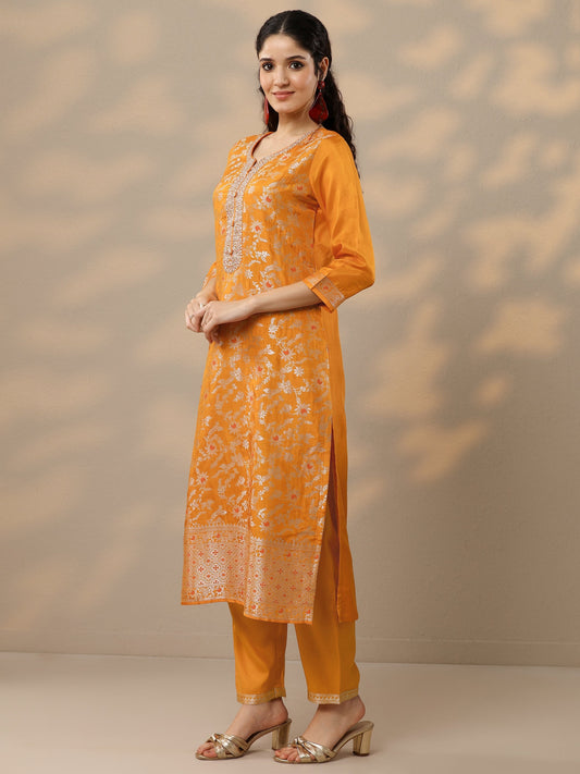 Orange Woven Design Silk Blend Straight Suit Set With Dupatta
