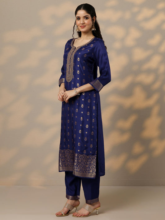Purple Woven Design Silk Blend Straight Suit Set With Dupatta