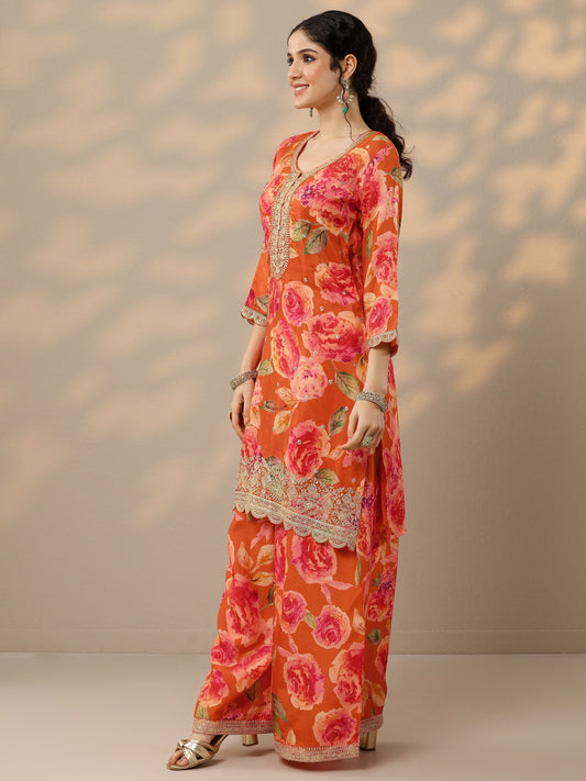 Orange Printed Silk Blend Straight Suit Set With Dupatta