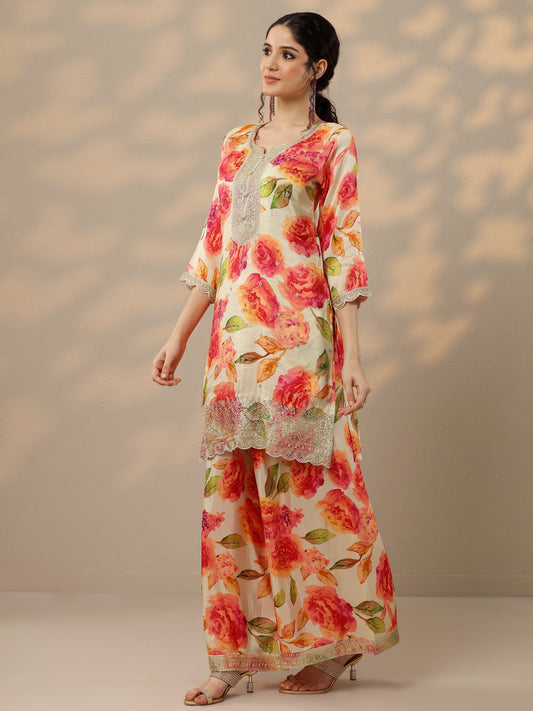 Off White Printed Silk Blend Straight Suit Set With Dupatta