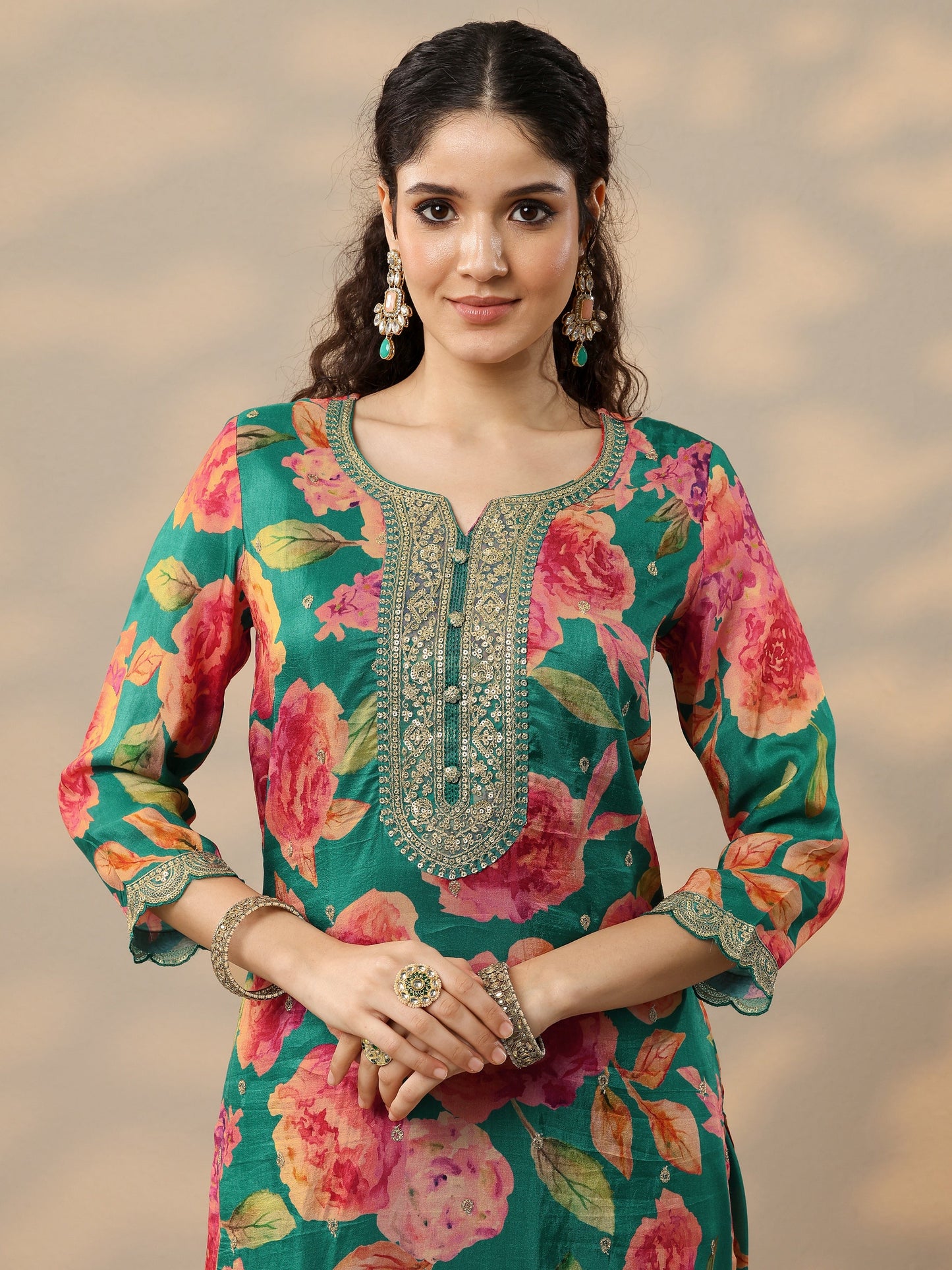 Green Printed Silk Blend Straight Suit Set With Dupatta