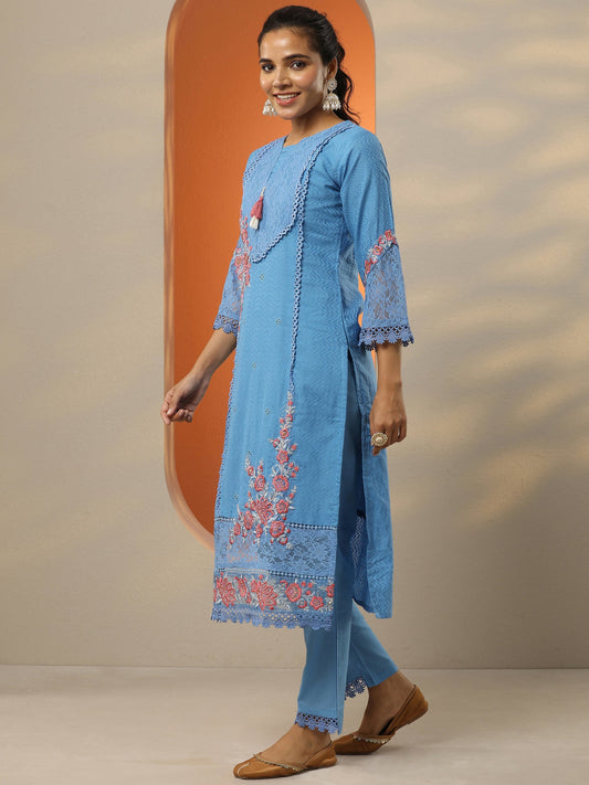 Blue Embroidered Cotton Straight Suit Set With Dupatta