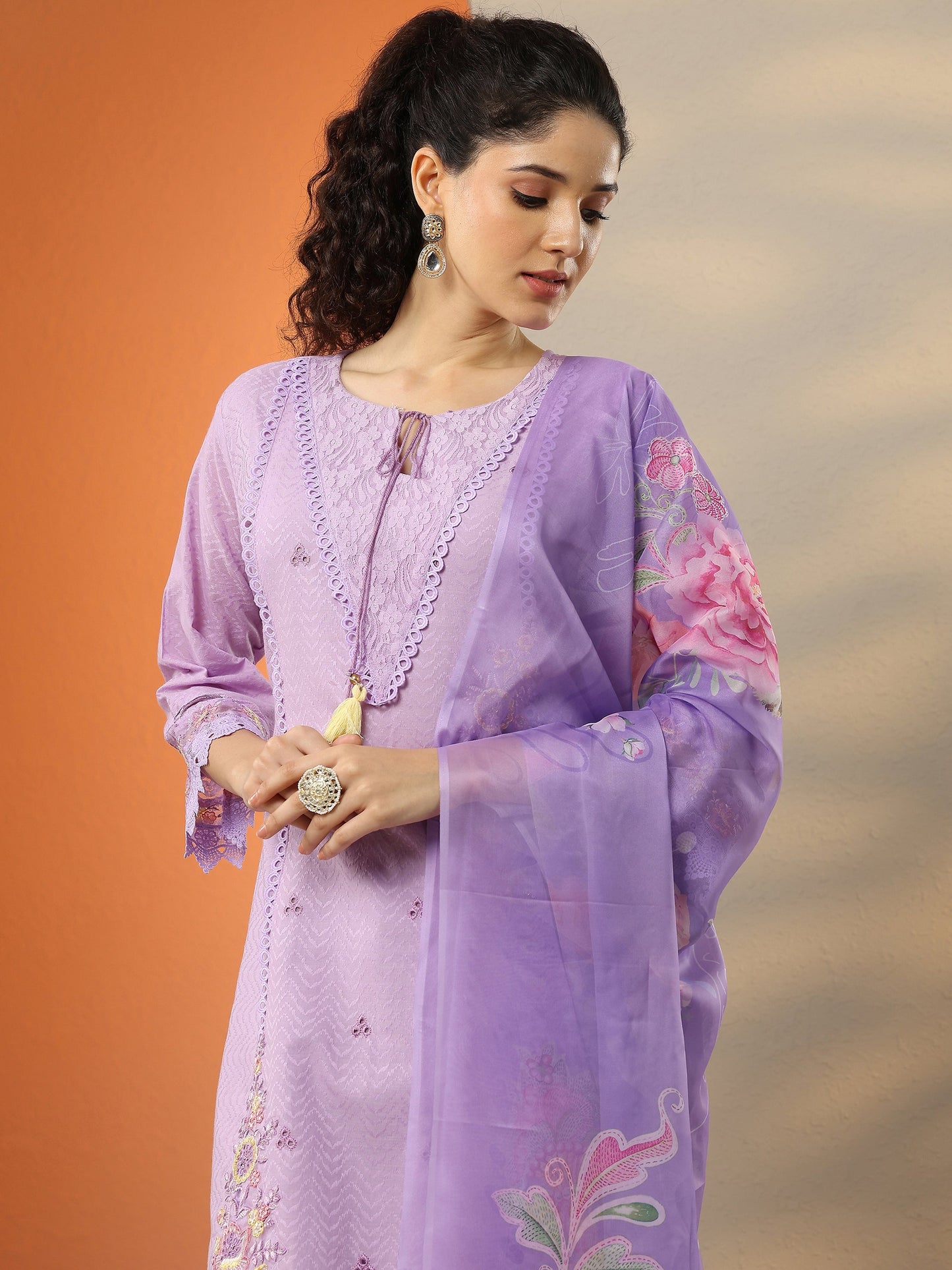 Lavender Embroidered Cotton Straight Suit Set With Dupatta