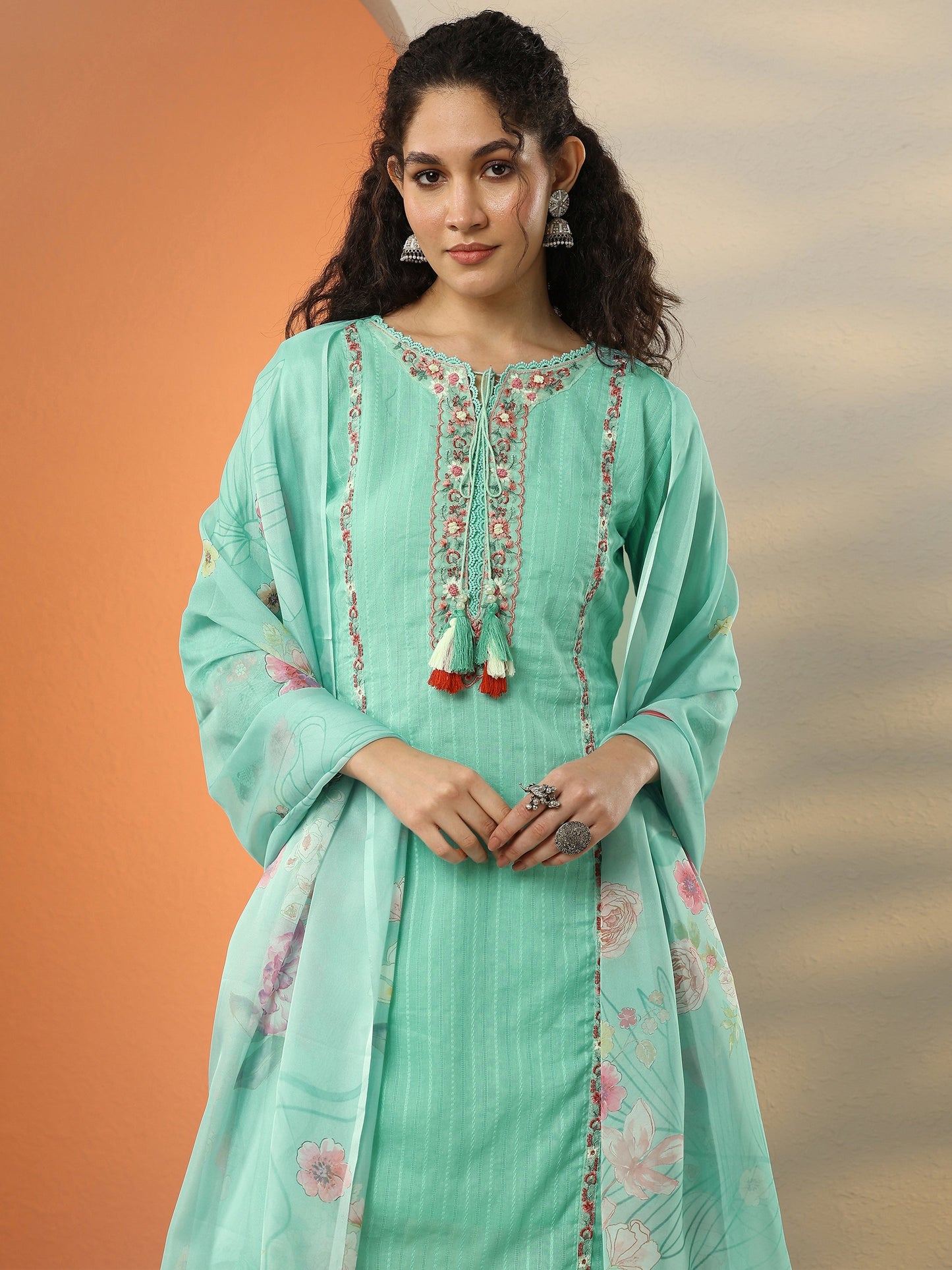 Sea Green Embroidered Cotton Blend A-Line Suit Set With Dupatta