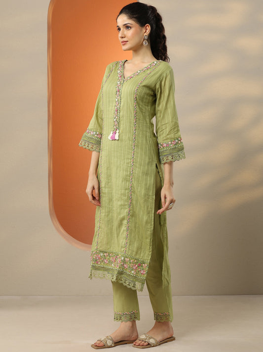 Green Embroidered Cotton Straight Suit Set With Dupatta