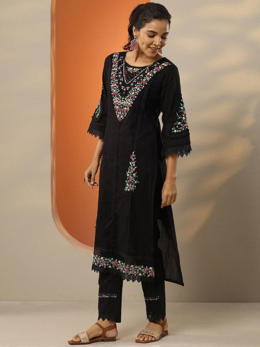 Black Embroidered Cotton Straight Suit Set With Dupatta